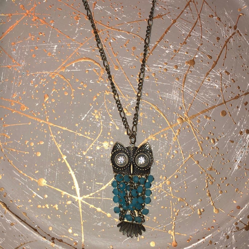 Brass Rhinestone Beaded Teal Night Owl Necklace